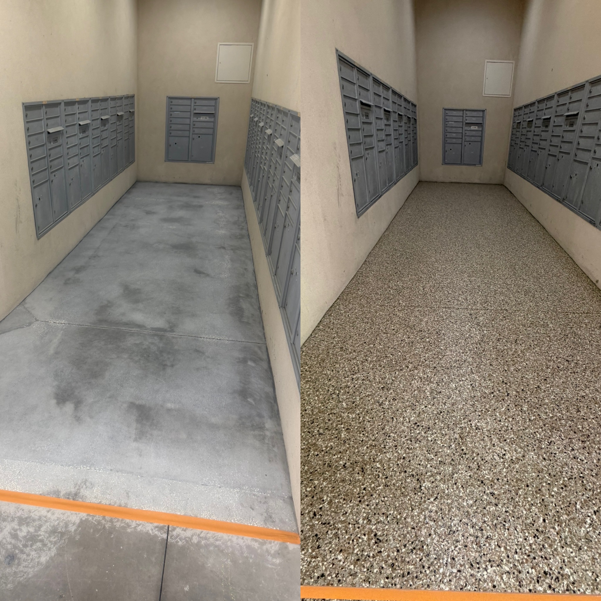 Commercial mail room floor before and after epoxy flake