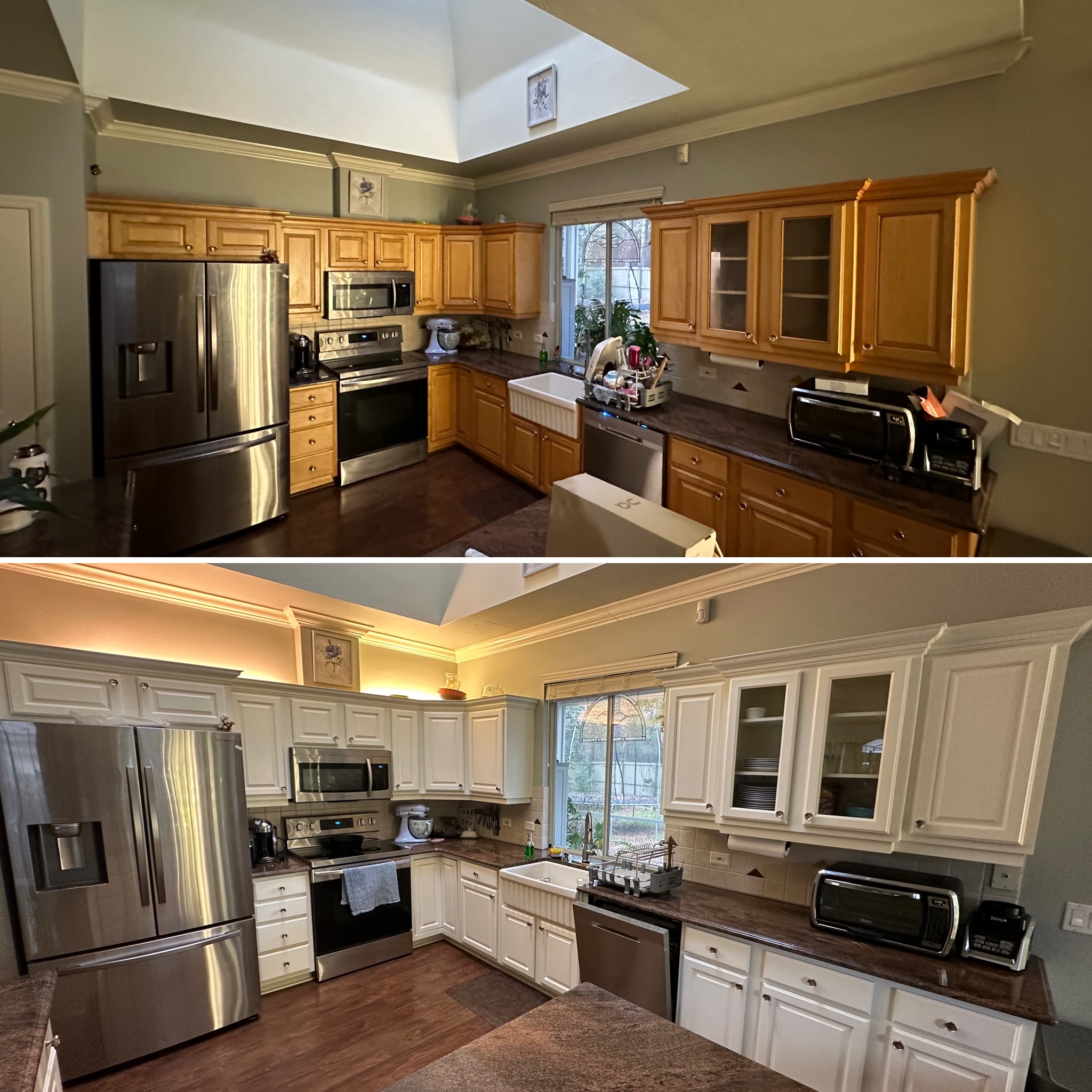 Oak to white kitchen cabinet transformation before and after